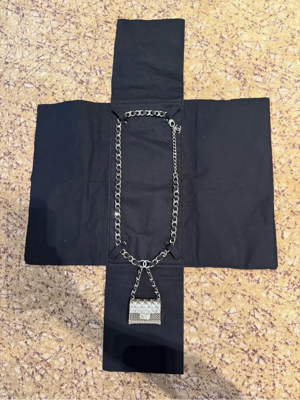 CHANEL Gold-Tone Metal & Black Leather Chain Mail Micro Flap Bag Charm Belt